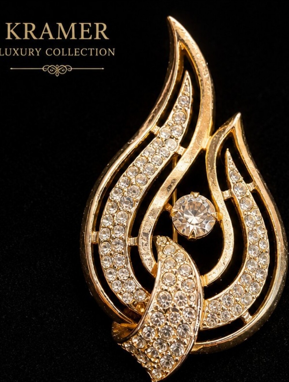 Vintage Kramer Abstract Flame Brooch Gold Tone Clear Rhinestones Signed Mid Cen